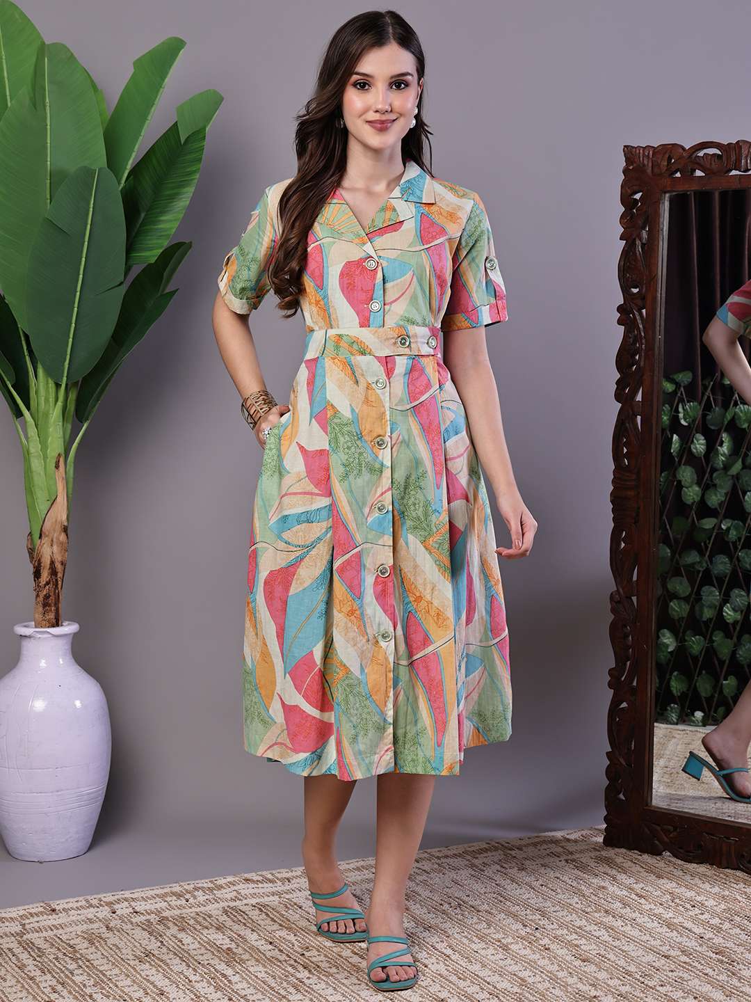 Women's Pastel Abstract Print Button-Down Cotton Midi Dress