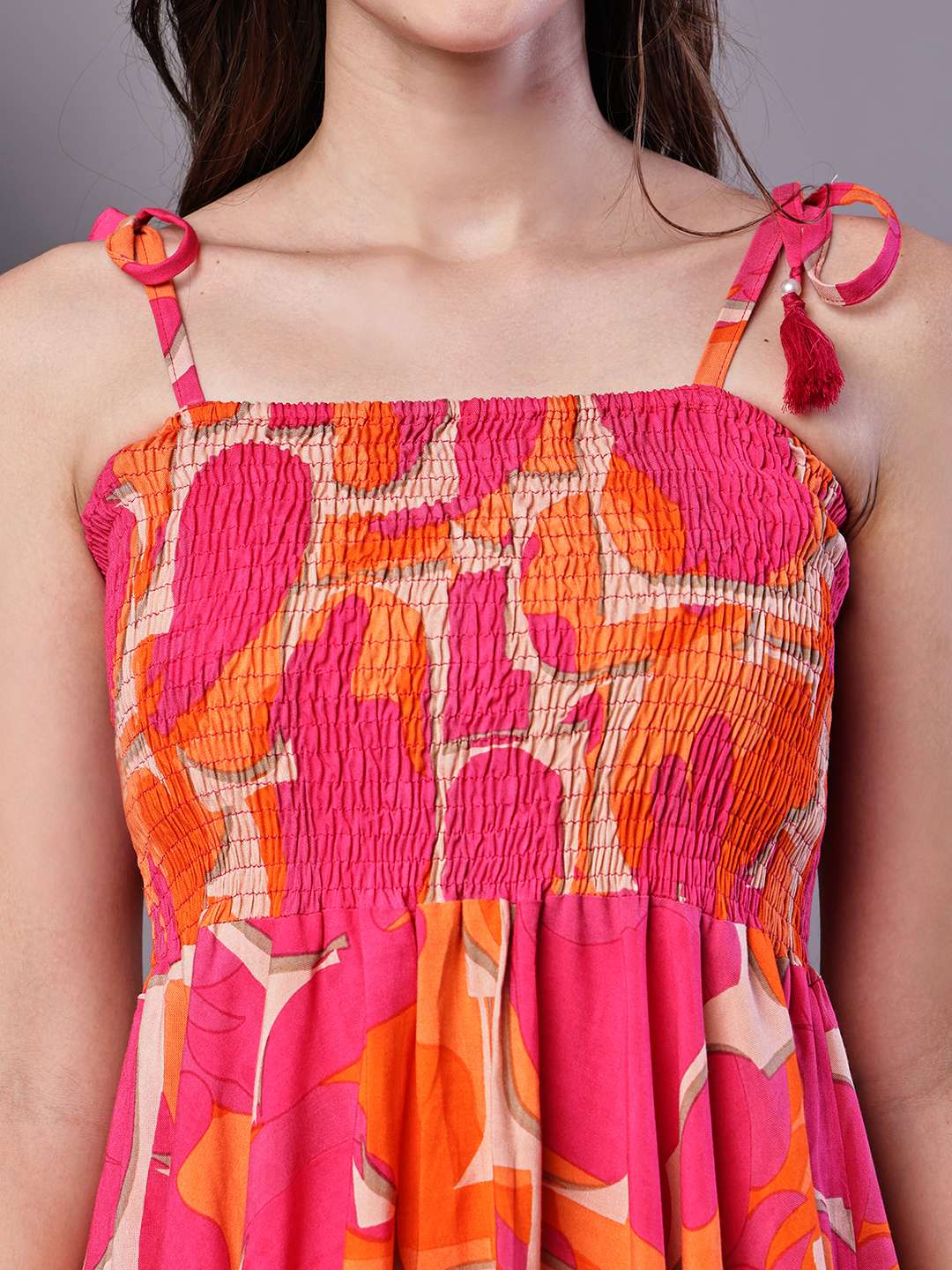 Women's Orange & Pink Printed Cotton Handkerchief Hem Dress Midi Dresses - Image 5