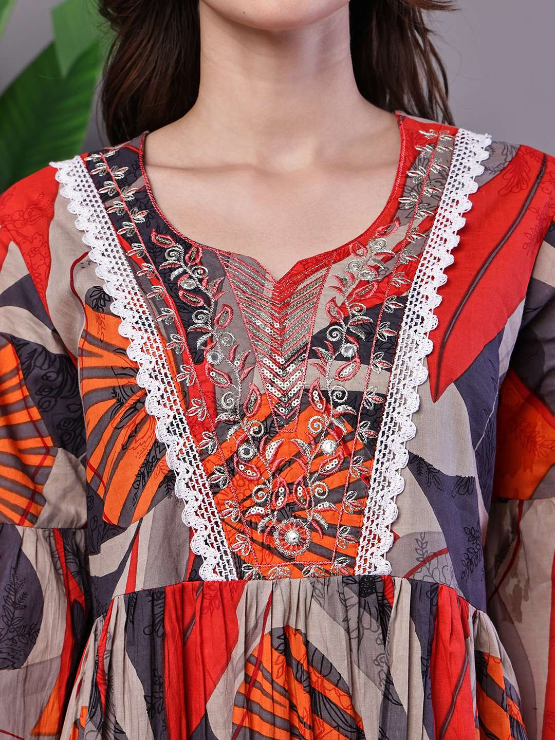 Wome's Multicolor Printed Cotton A-Line Dress with Embroidered Yoke Midi Dresses - Image 5