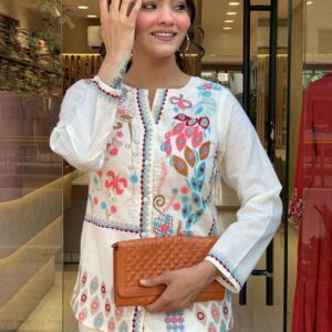 Women's Cotton Embroidery Straight Kurti With Pant Set