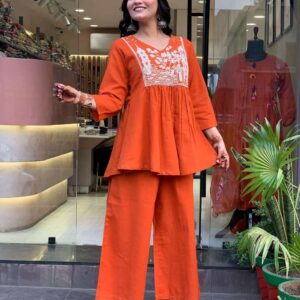 Women's Cotton Embroidered Flared Kurta With Pant Set