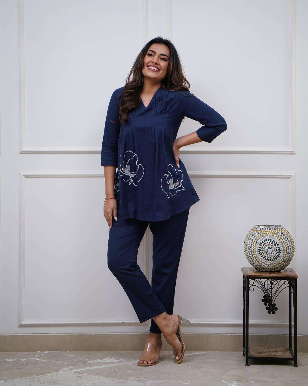 Women's Cotton Rose Printed Short Anarkali Kurta with Pant Western wear Cord Set - Image 3