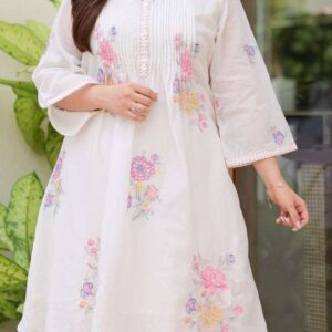 Women's Cotton Embroidery A-Line Kurti With Pant Set