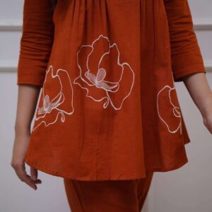 Women's Cotton Embroidered Co-ord Set 2 Piece Top Bottom Set