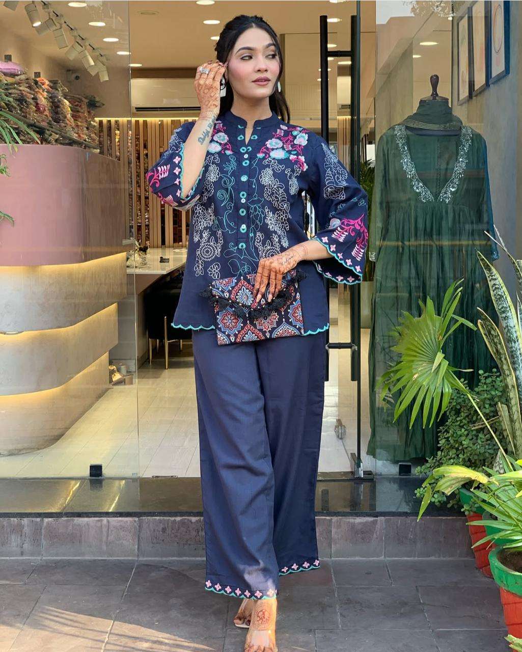 Women's Cotton Embroidery Straight Kurti With Pant Set - Image 2