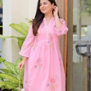 Women's Cotton Embroidery A-Line Kurti With Pant Set